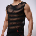Men Undershirt Male Sexy Mesh Transparent Striped O-neck Singlets Mens Sheer Ice Silk Underwear