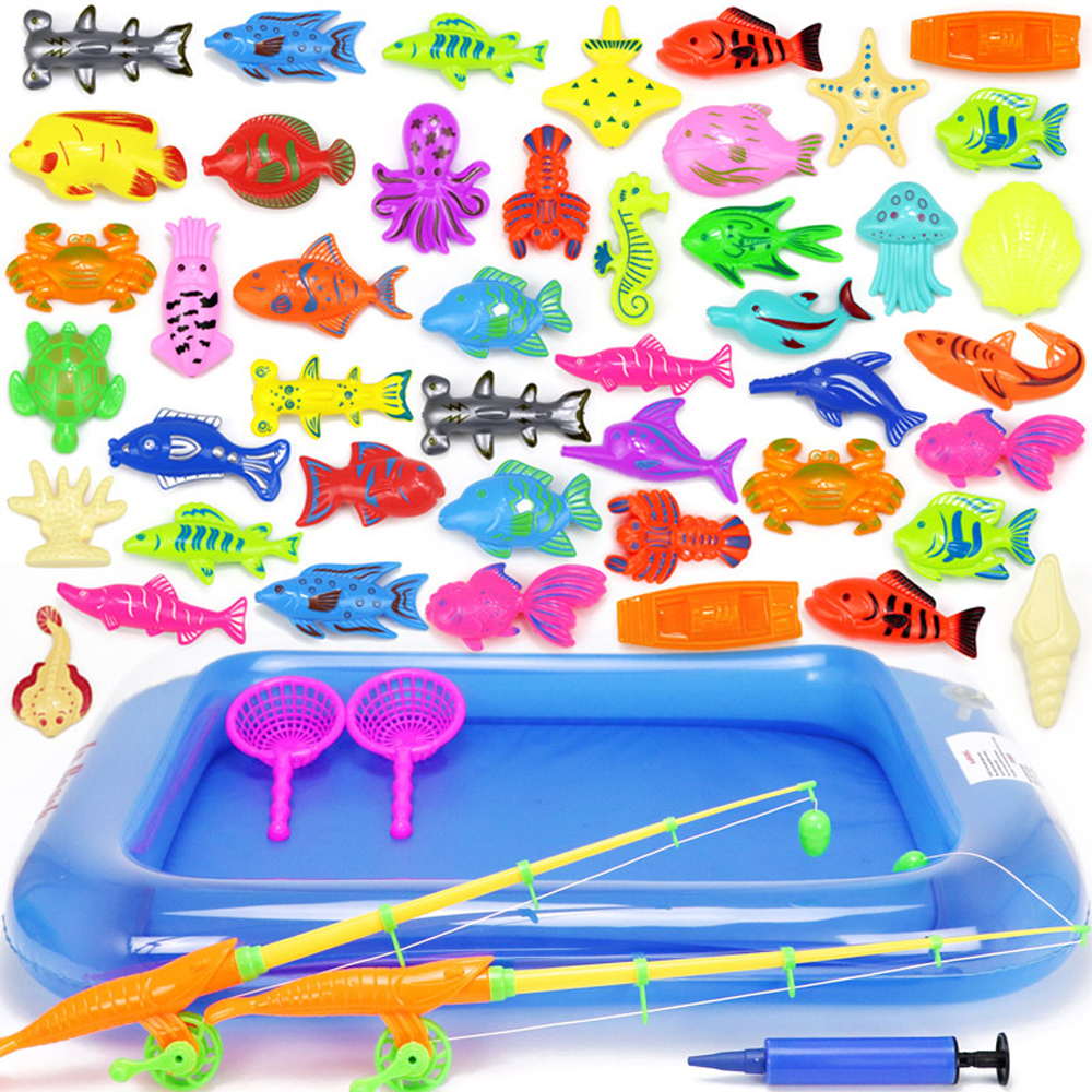 Kids Fishing Toy with Inflatable Pool Net Fishing Rod Magnetic Fishing Game Set Funny Classic Outdoor Toys for Children Gift