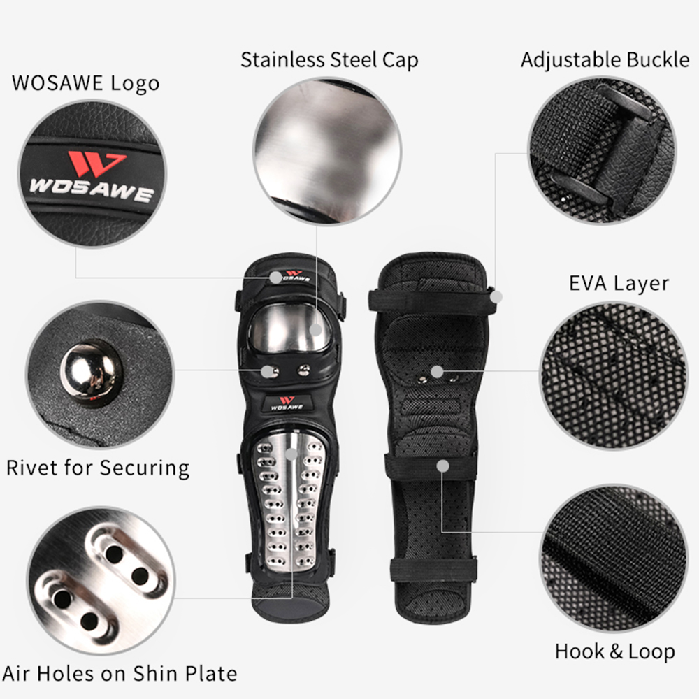 WOSAWE Stainless Steel Elbow Knee Pads Motorcycle Long Knee Pad Armor Moto MTB Knee Protective Gear Protector Guards Kit