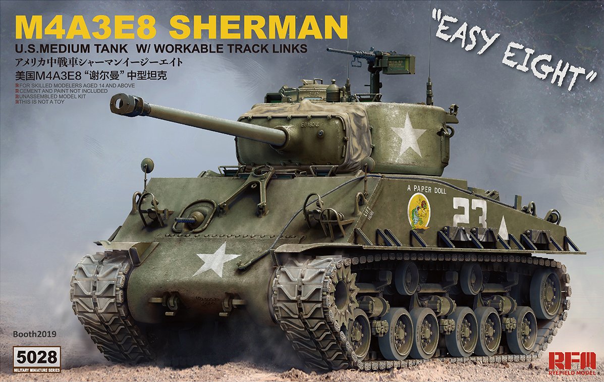 Rye Field RM-5028 1/35 US M4A3E8 Sherman with Workable Track Links Medium Tank Display Toy Plastic Assembly Building Model Kit