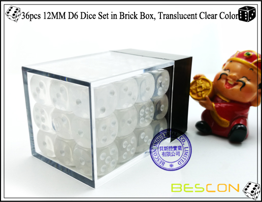 36pcs 12MM D6 Dice Set in Brick Box, Translucent Clear Color-3