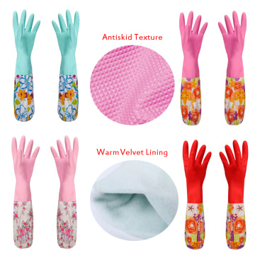 Household Rubber Cleaning Long Gloves Floral Wash Dishes Antiskid Kitchen Essential Cleaning Tools Velvet