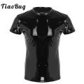 TiaoBug Fashion Mens Wetlook Faux Leather Short Sleeve Round Neck Muscle Tight T Shirt Sexy Male Men Clubwear Stage Costume Tops