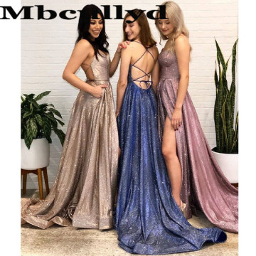 Mbcullyd Amazing Prom Dresses Long With Pocket 2020 High Cut Split Evening Party Dress For Women Cross Backless robe de soiree