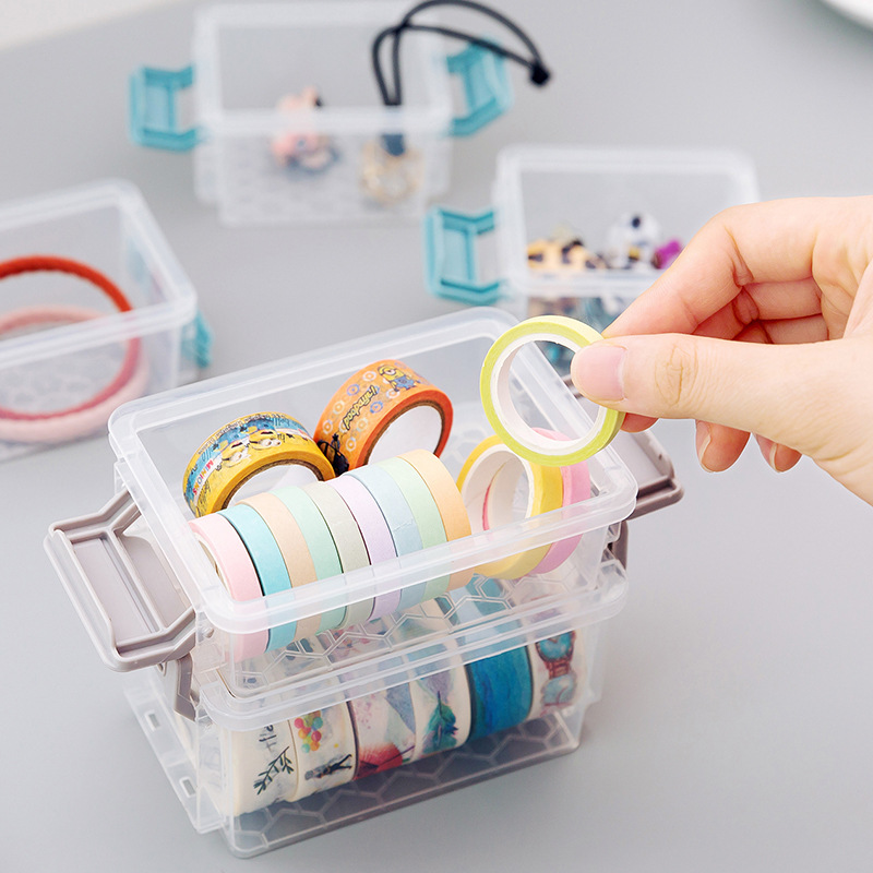 Coloffice 1PC Transparent Washi Tape Storage Box Desktop Stationery Holder Grinding Buckle Stacking Multi-Layer Student Supplies