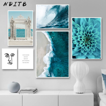 Ocean Waves Blue Flower Wall Poster Sea Beach Landscape Canvas Print Nordic Painting Scandinavian Art Room Decoration Picture