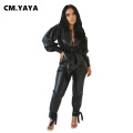 CM.YAYA Streetwear Faux Leather PU Women's Set Lantern Sleeve Jacket Tie Up Pants Tracksuit Matching Two Piece Set Casual Outfit