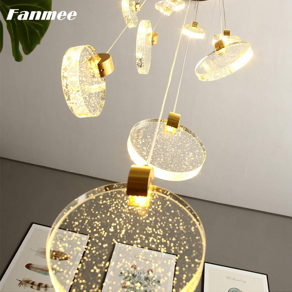 Nordic Round Pendant Hanging Lamp LED Bubble Crystal Modern Chandelier Light Art Deco Light Fixture for Loft Staircase Villa