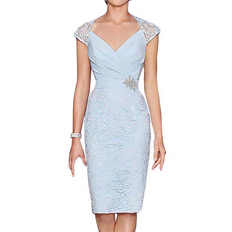 Light Sky Blue Lace Short Mother Formal Wear With Wrap Mother of Groom Wedding Guest Dress Mother Of The Bride Dress Suit Gowns