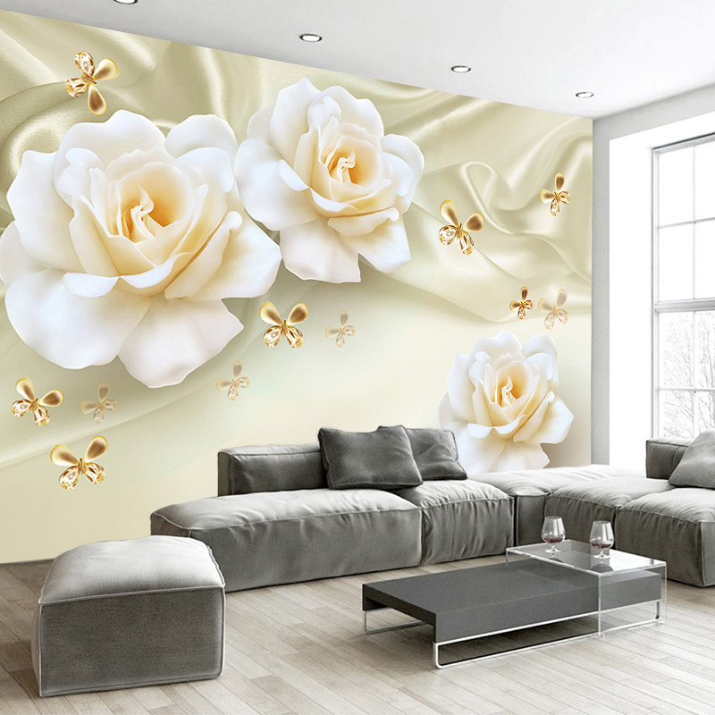 Custom Any Size 3D Wall Painting Rose Flower Butterfly Silk Non-woven Fabric Large Mural Wallpaper Living Room Sofa TV Backdrop