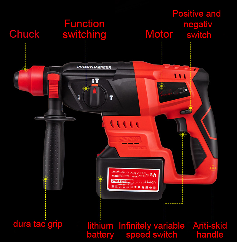 Cordless hammer lithium battery impact drill electric drill three industrial grade high power light 21V Hammer Drill 5000MAH