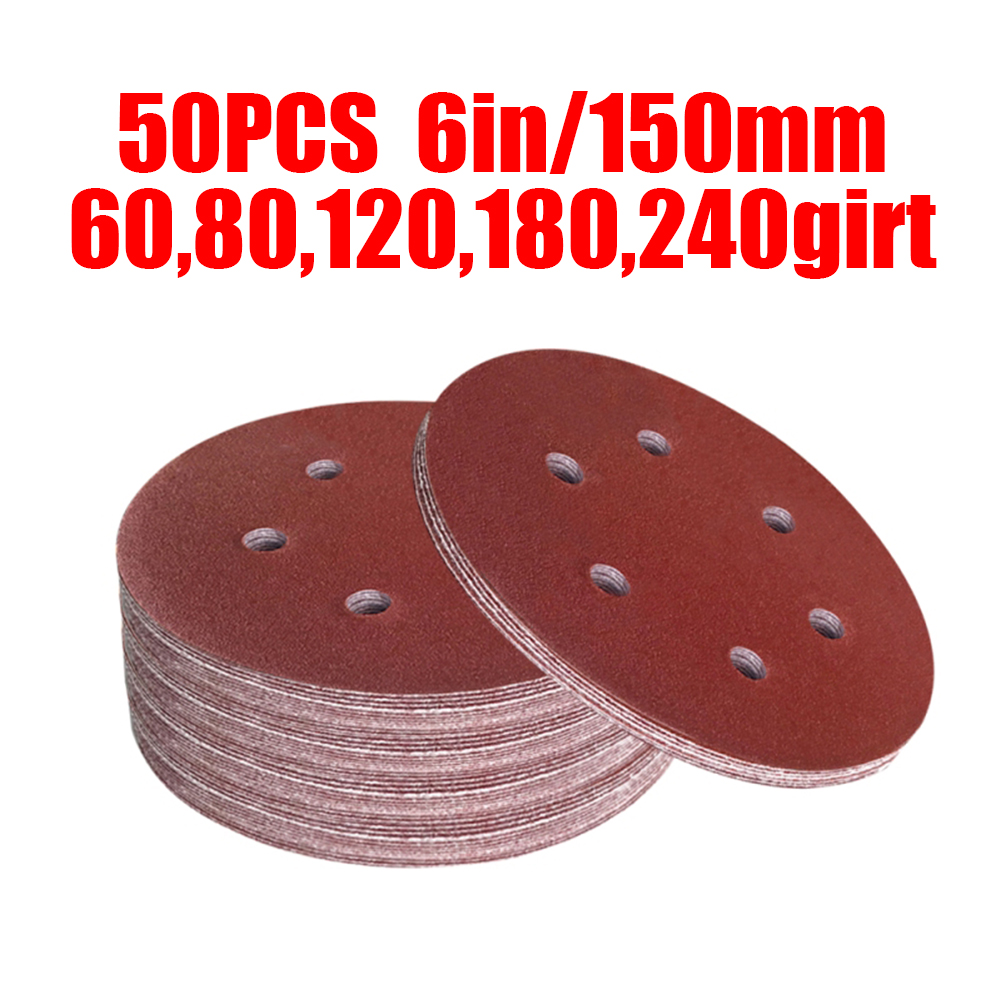 50pcs 6Inch 150mm Round Sandpaper 6 Hole Disk Sand Sheets 60/80/120/180/240Grit Hook And Loop Sanding Disc Abrasives For Polish