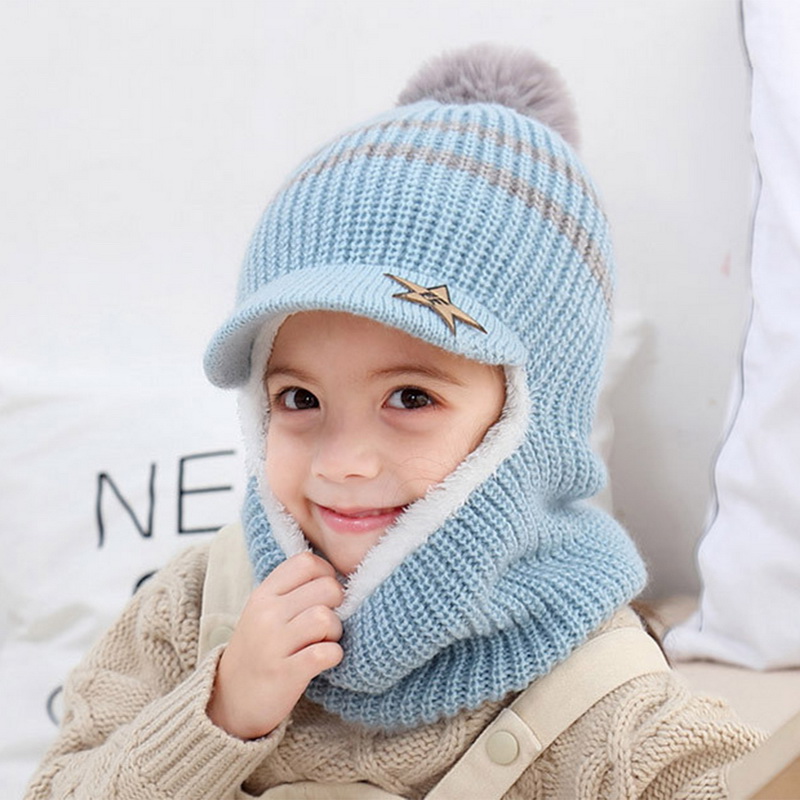 2020 Knit Short Plush Hooded Scarf Kids Hat And Scarf Child Winter Warm Protection Ear Pom Pom Cap Scarves Girls Boy Accessories