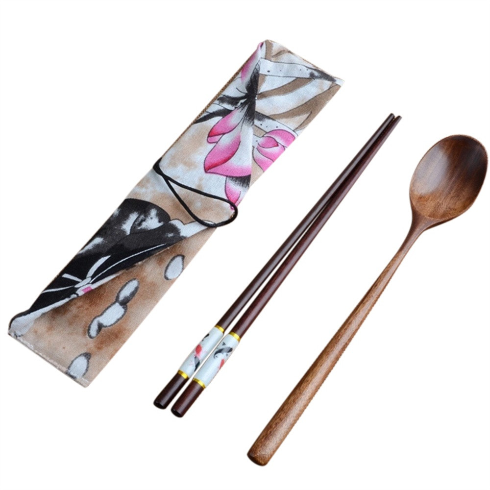Portable Tableware Wooden Cutlery Sets with Useful Chopsticks Spoon Travel Dinnerware Suit with Cloth bag japanese chopsticks