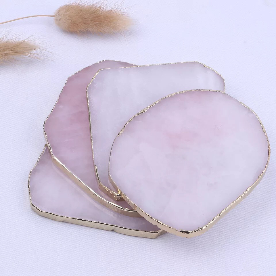 9cm Wholesale 1pcs Natural Rose Quartz Coaster Hexagon Crystal Platter Electroplated Gold Color Jewelry for Cup Mat Display