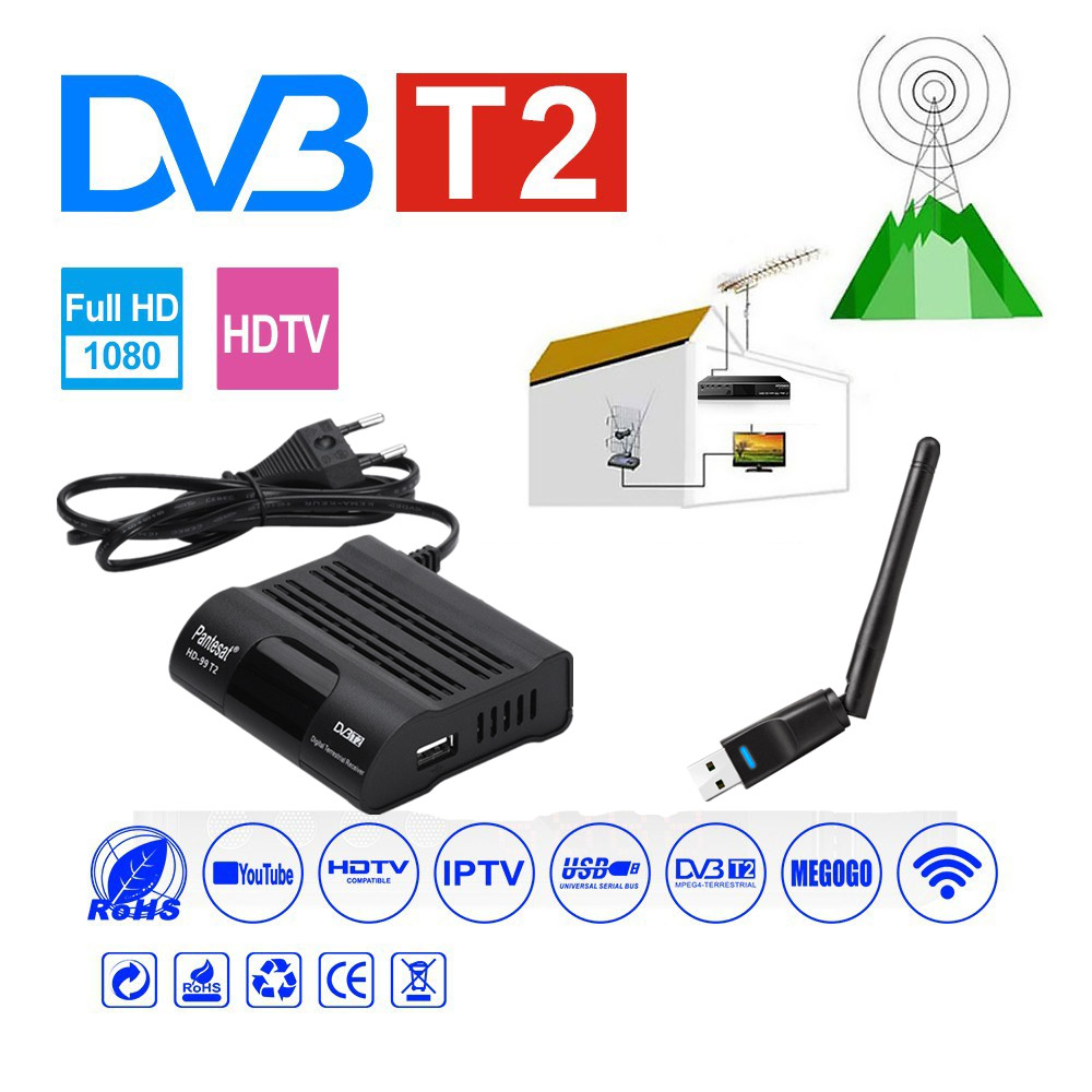 Pantesat HD99 FTA HEVC 265 DVB T2 Digital TV Tuner H.265 TV Receptor Full HD DVBT2 Set-top Box Wifi Receiver DVB-T Youtube