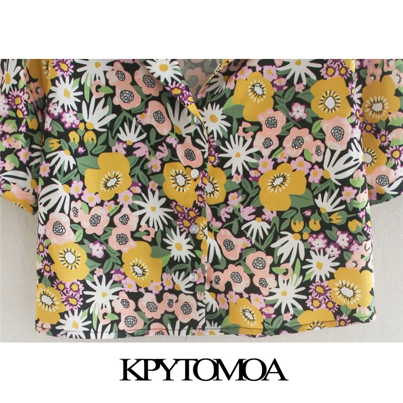 KPYTOMOA Women 2020 Fashion Floral Print Button-up Blouses Vintage Lapel Collar Short Sleeve Beach Female Shirts Chic Tops