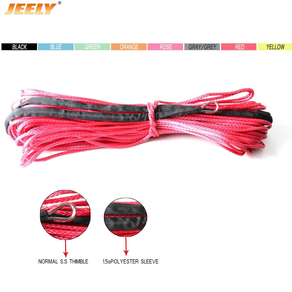 JEELY 6mm*24m/30m/50m 12 strand off-road uhmwpe synthetic towing winch rope with 1.5m sleeve and thimble for ATV/UTV/SUV/4X4/4WD