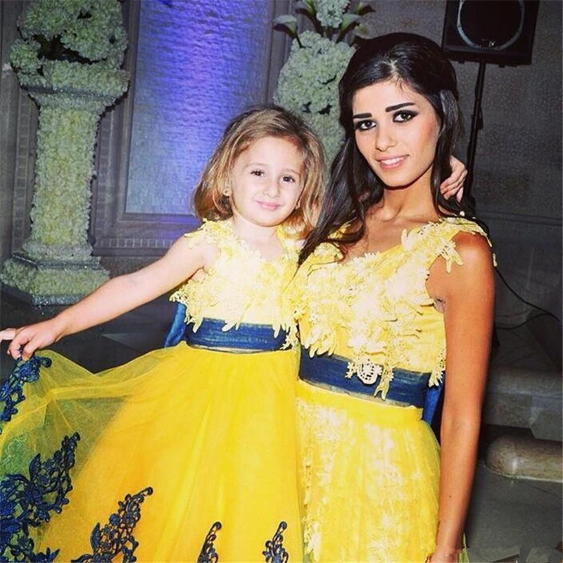 White/Yellow Flower Girls' Dresses With Royal Blue Lace Bridal Party Princess Style Ball Gowns For Weddings Kids