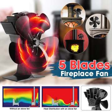 2020 Upgrade 5 Blade Black Fireplace Heat Powered Stove Fan Log Wood Burner Eco Friendly Quiet Fan Efficient Heat Distribution