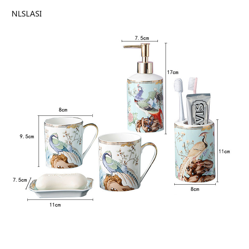 Chinese Style A Hundred Birds Pray Ceramic Home Bathroom Set Soap Dish Lotion Bottle Toothbrush Holder Mouth Cup Five Piece Set