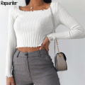 Casual Solid Knitted Ribbed Elastic Basic Cropped T-Shirt Women 2020 Autumn Harajuku Square Collar Long Sleeve T Shirt y2k Top