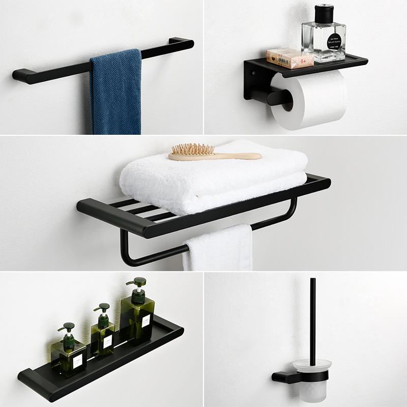 MTTUZK Mtte Black SUS304 Stainless Steel Bathroom Hardware Set Towel Shelf Paper Holder Hook Towel Bar Bathroom Accessories