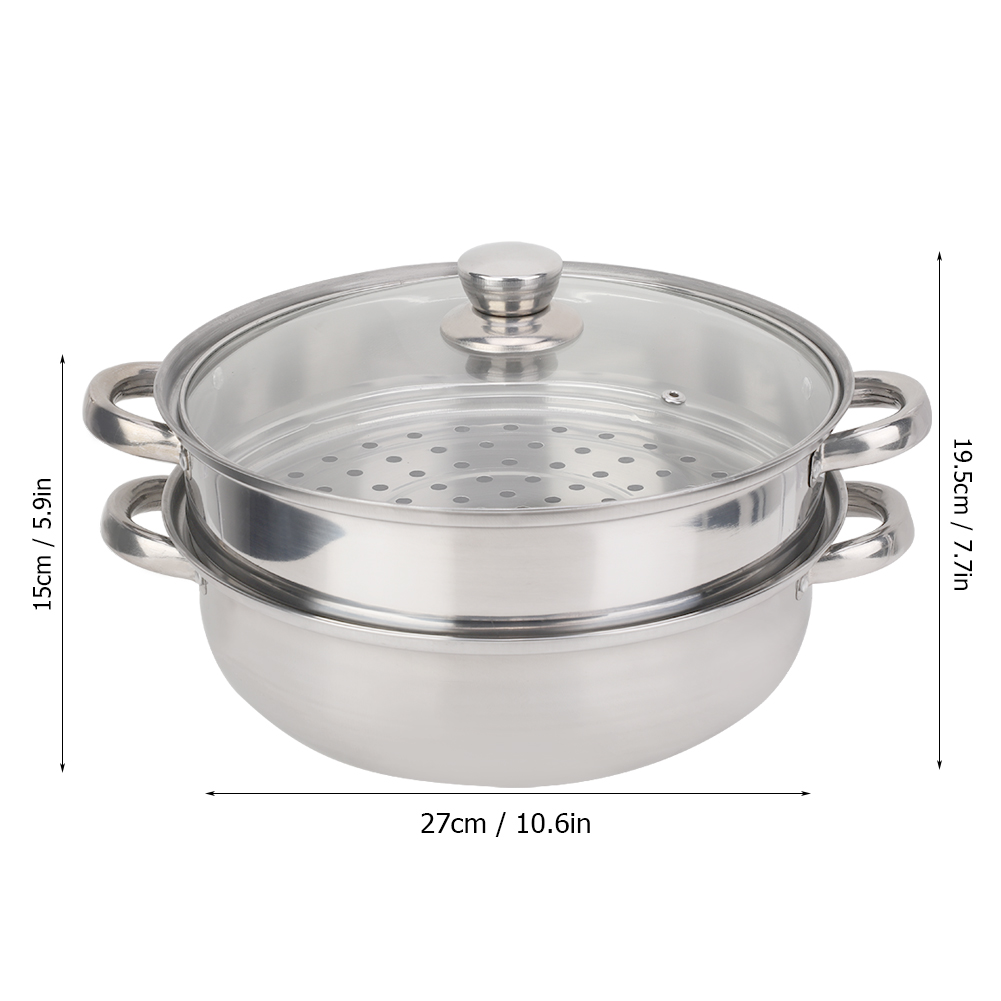 27cm/11in 2-Layer Stainless Steel Steamer Pot Cooker Thicken Double Boiler Soup Pot Induction Cooker Steaming Pot Cookware