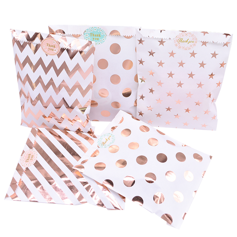 13x18cm Rose Gold Gift Bags Striped Polka Dots Paper Bag for Gift Packaging Food Storage Wedding Birthday Baby Shower Candy Bag