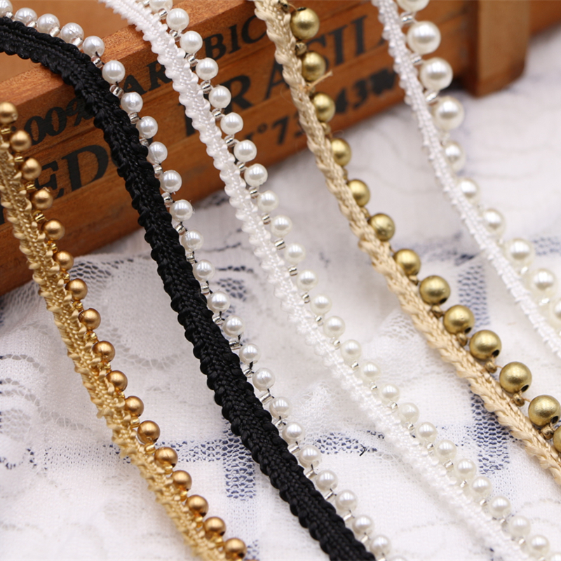 1y/lot white/black/gold Beaded Lace Trim Tape Fabric Ribbon DIY Collar Sewing Garment Headdress materials