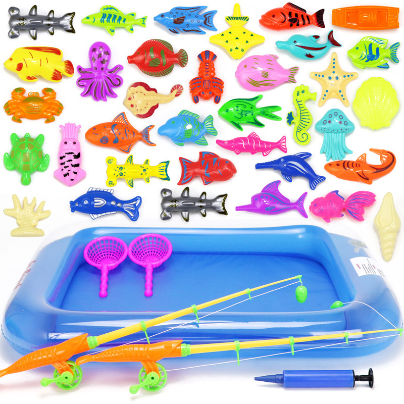 41pcs with Inflatable Pool Magnetic Fishing Toys Kids Fishing Game Play Set Funny Classic Magnet Toys for Children Gift