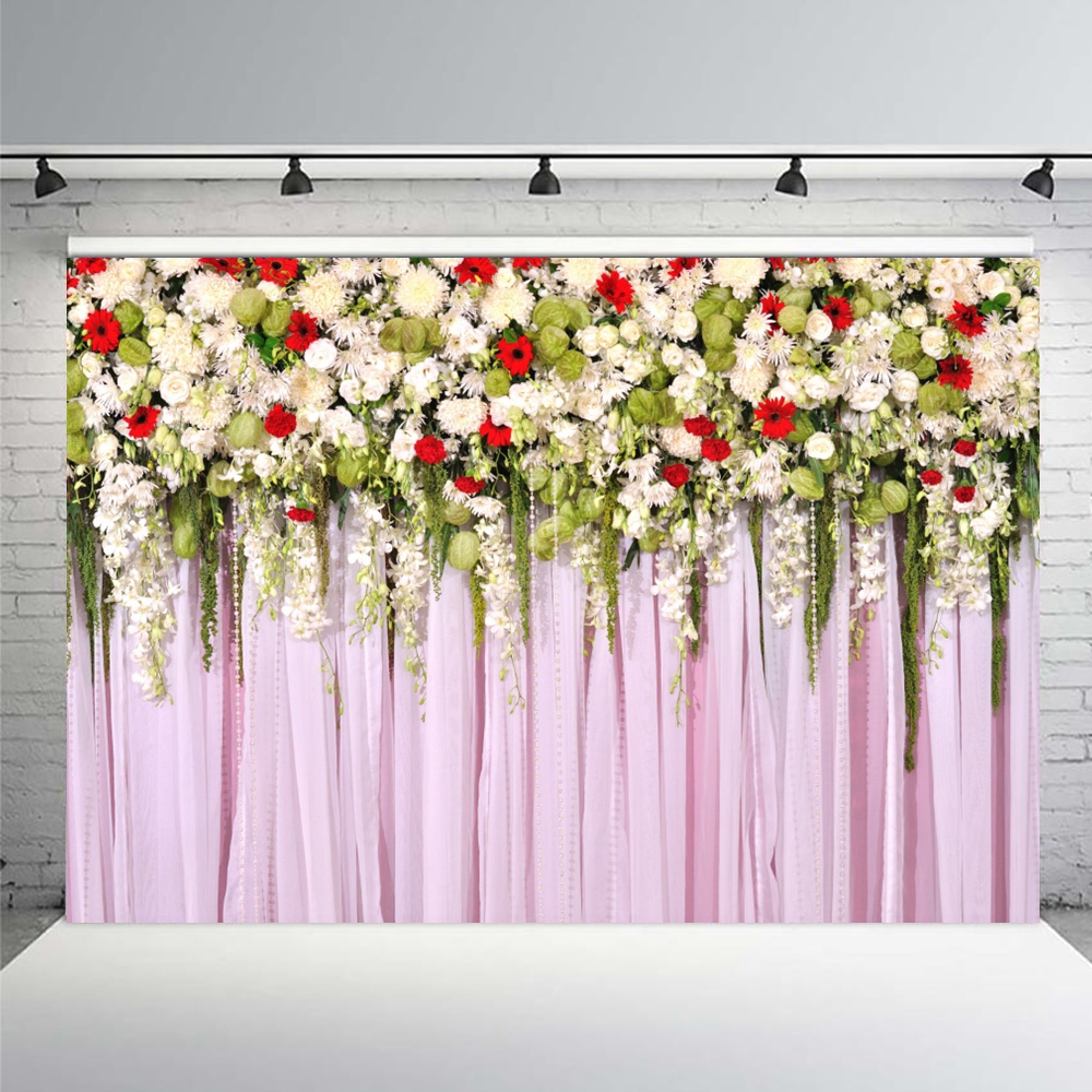 Wedding White Curtain Blossom Floral Garland Wall Photography Backgrounds Custom Photographic Backdrops for Photo Studio