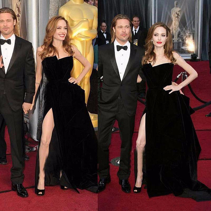 Angelina Jolie Black Velvet Red Carpet Award Evening Dress Strapless Special Occasion A-line Celebrity Gown Side Slit Prom Dress