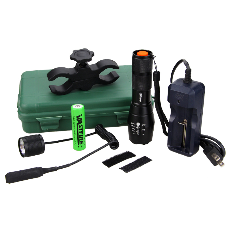 Tactical 5000 Lumens Q5 LED Light Adjustable Focus Flashlight Green/Red Torch +Gun Mount+18650 Battery+Remote Pressure Switch