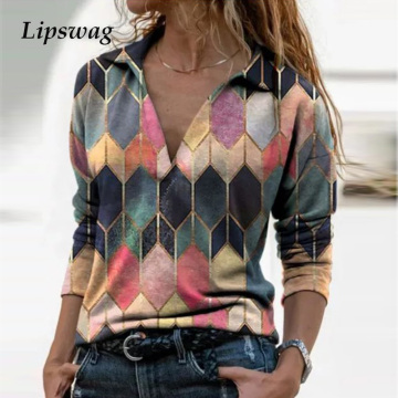 Women Vintage Geometric Print Blouse Shirt Spring Autumn Casual Long Sleeve Pullover Tops Ladies 3XL Elegant V Neck Loose Blusa