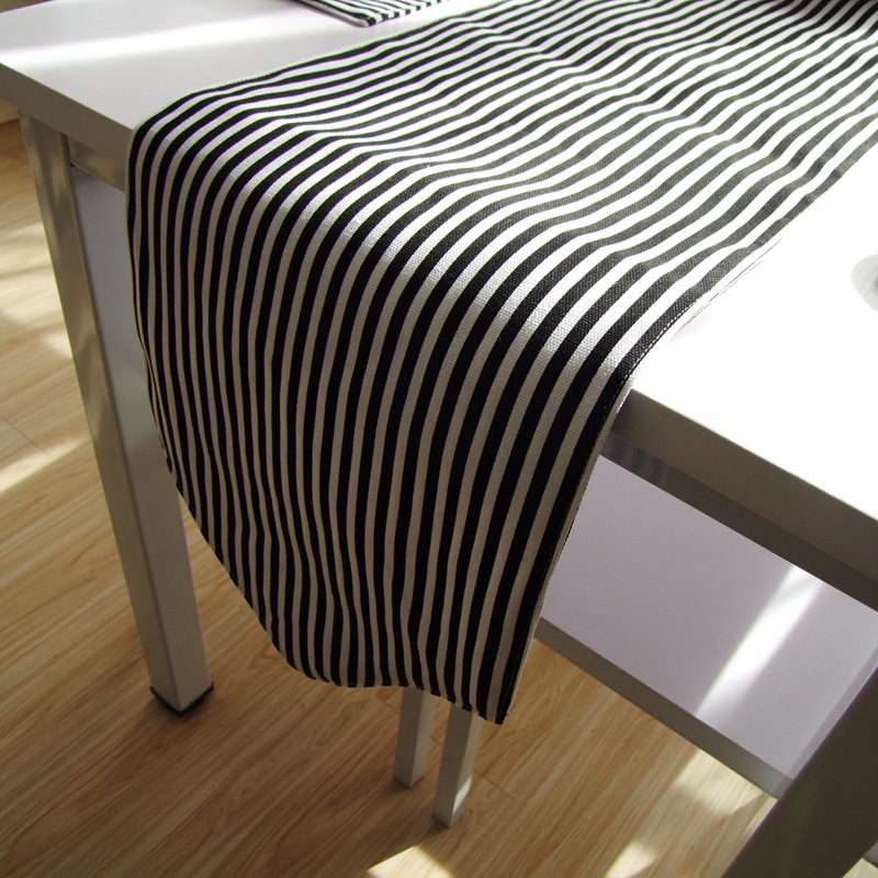 DUNXDECO Tassel Table Runner Party Long Table Cover Fabric Modern Simple White Black Stripe Desk Decorating Textile