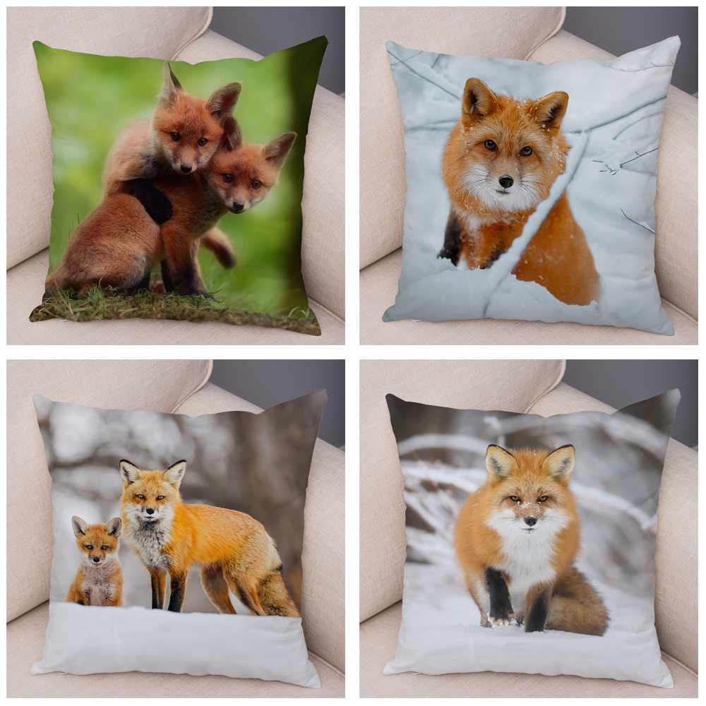 Cute Wild Fox Printed Pillowcase Decor Lovely Animal Pillow Case Soft Short Plush Cushion Covers for Car Sofa Home 45*45cm