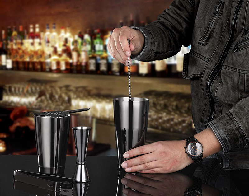 Cocktail Shaker Bar Set: 2 Weighted Boston Shakers,Cocktail Strainer, Jigger,Muddler and Spoon, Ice Tong and 6 Bottle Pourer