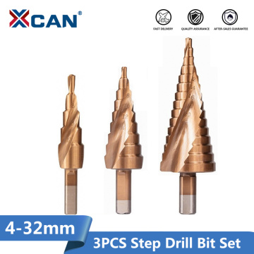 XCAN 3PCS 4-12/20/32mm P6M5 Super carbide PVD TiNC Coating Spiral Grooved center solid carbide drill bit HSS Step Cone Drill Bit