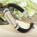 Metal alloy bracelet with leather cords (God Bless)