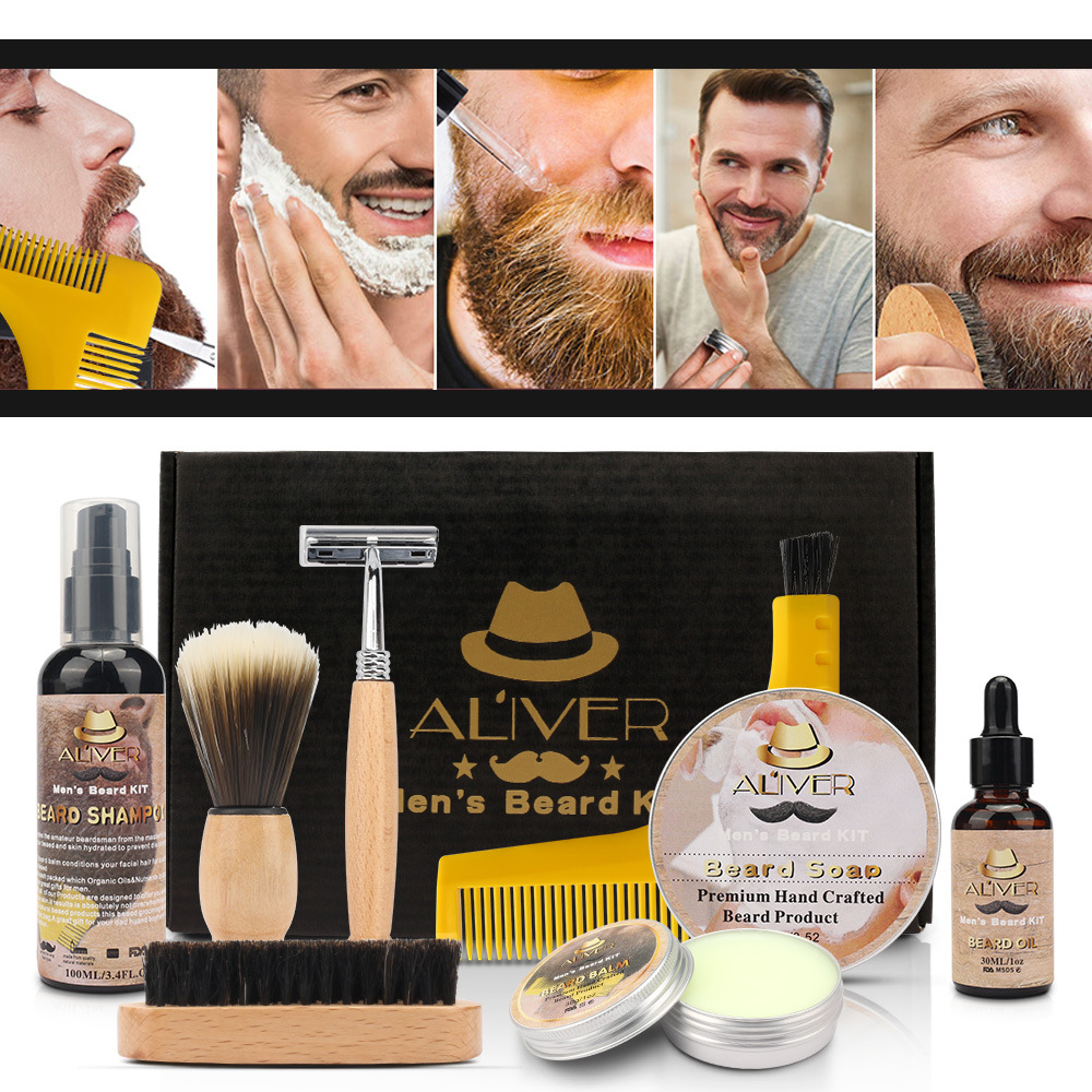 10PCS Men Beard Bib Aprons Beard Kit Balm Beard Oil Comb Moisturizing Wax Styling Tool Scissors Beard Care Set