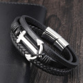 LAMEMDEE Punk Stainless Steel Anchor Bracelets Genuine Leather Bracelet & Bangles for Men Jewelry Black Color Fashion Gift