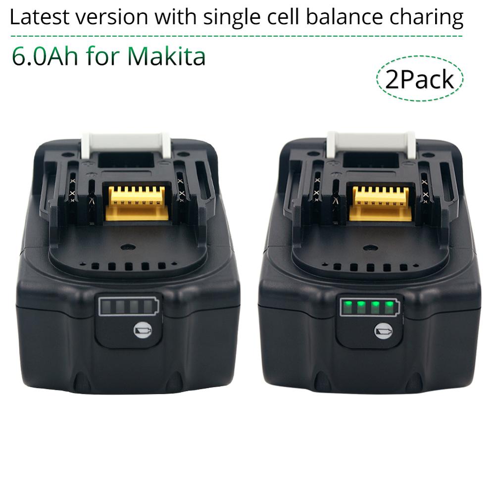 2 PACK 18V 6000mAh Rechargealbe Battery for Makita 18V BL1830B BL1860B BL1840B BL1815 LXT-400 Latest Version Balance Charging