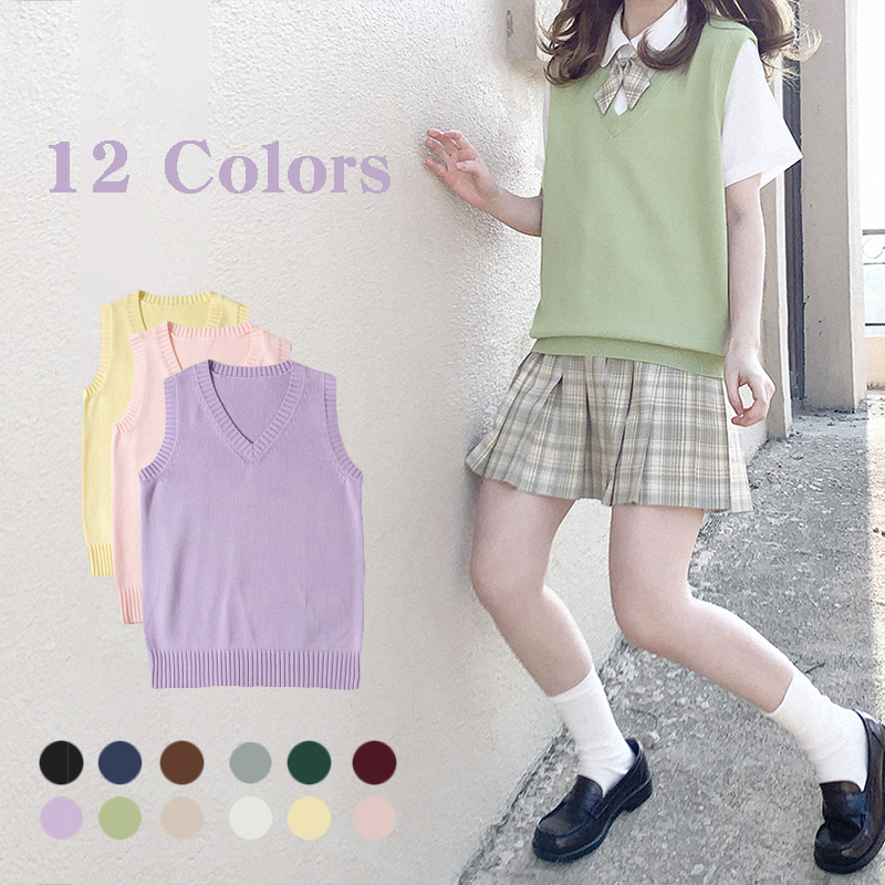 12 Solid Colors Spring Autumn Sleeveless Knitted Vests Women Pullovers V Neck Sweaters Gril Casual Coat JK School Uniforms