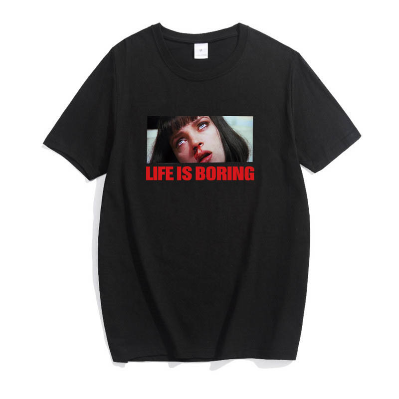 Spoof Harajuku White Female T-shirt Summer Pulp Fiction Tee Shirt Femme Life Is Boring Letters Print Women Tshirt Streetwear