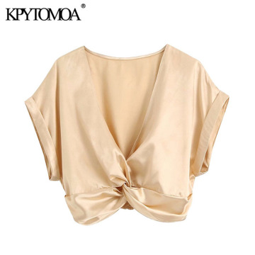 KPYTOMOA Women 2020 Fashion With Knot Cozy Cropped Blouses Vintage Short Turn-up Sleeves Back Elastic Female Shirts Chic Tops