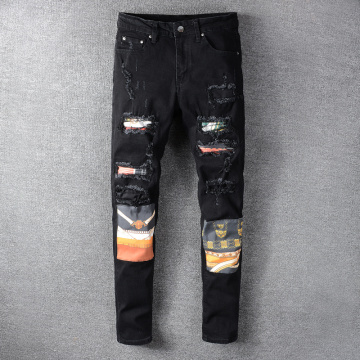 American Streetwear Fashion Men Jeans High Quality Black Color Elastic Slim Fit Ripped Jeans Patchwork Designer Hip Hop Pants