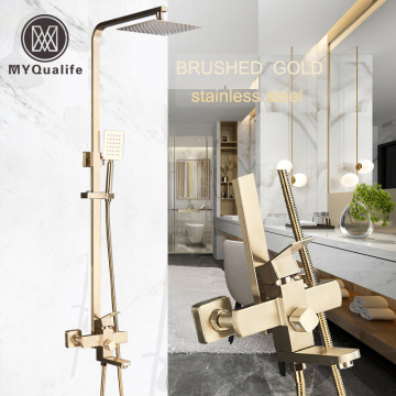 Brushed Gold Shower Mixer Faucet Rotate Tub Spout Wall Mount 8