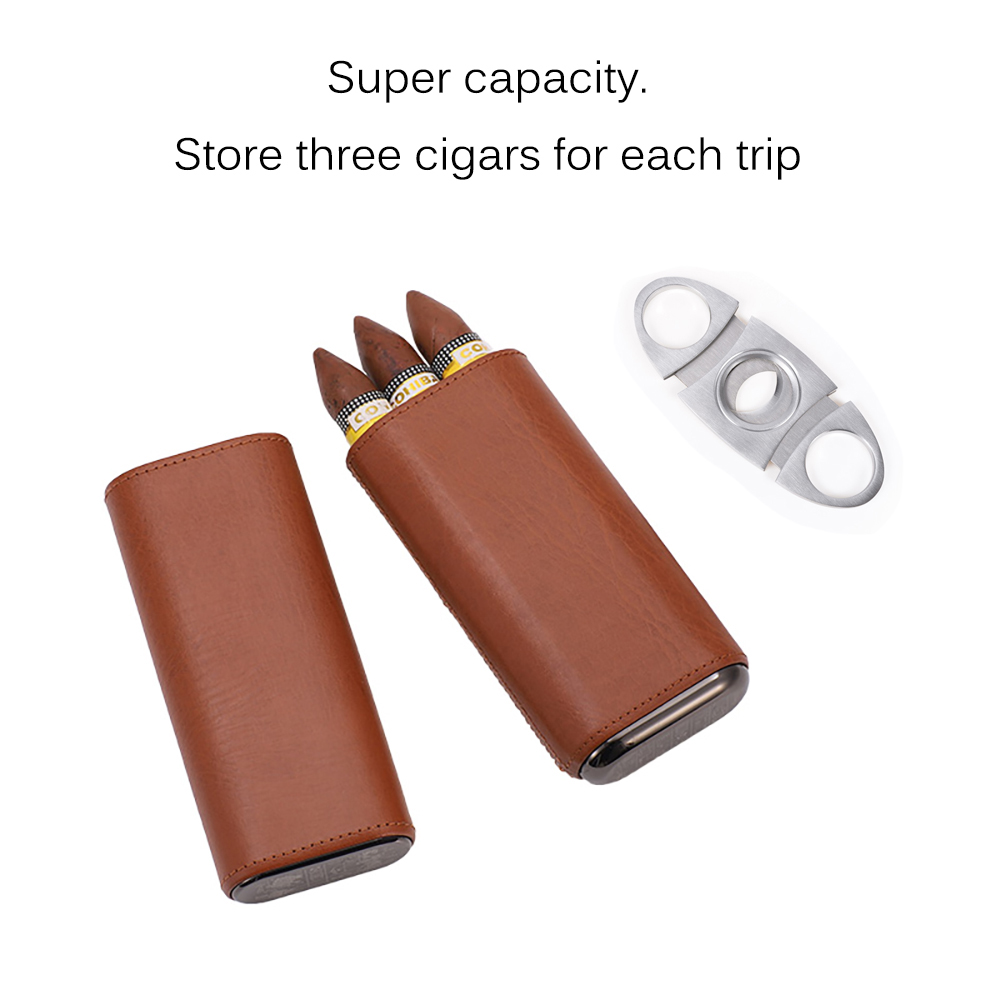Cigar Case Leather Gadget Cedar Cigar Travel Case Humidor Holder 3 Tube With Cigar Cutter And Gift Box For Men Gift