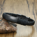 Custom Men's Braided Leather Bracelet Black Stainless Steel Bar Personalized Husbands Inspiration Gifts